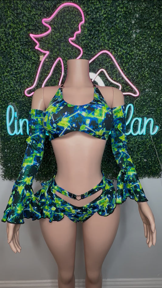 Cosmic Green Spandex Sleeves Sports Bra & Skirt Three Piece Lingerie Outfit