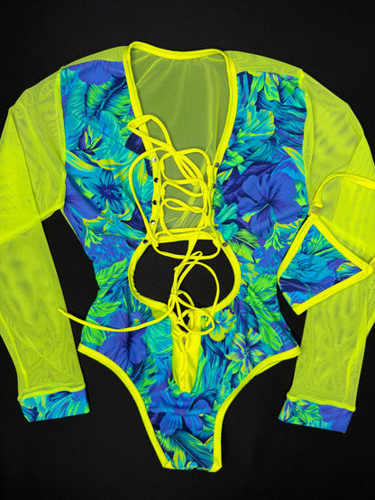Blue/Green Flower Pattern Spandex/Neon Yellow Mesh One-Piece Leotard Outfit