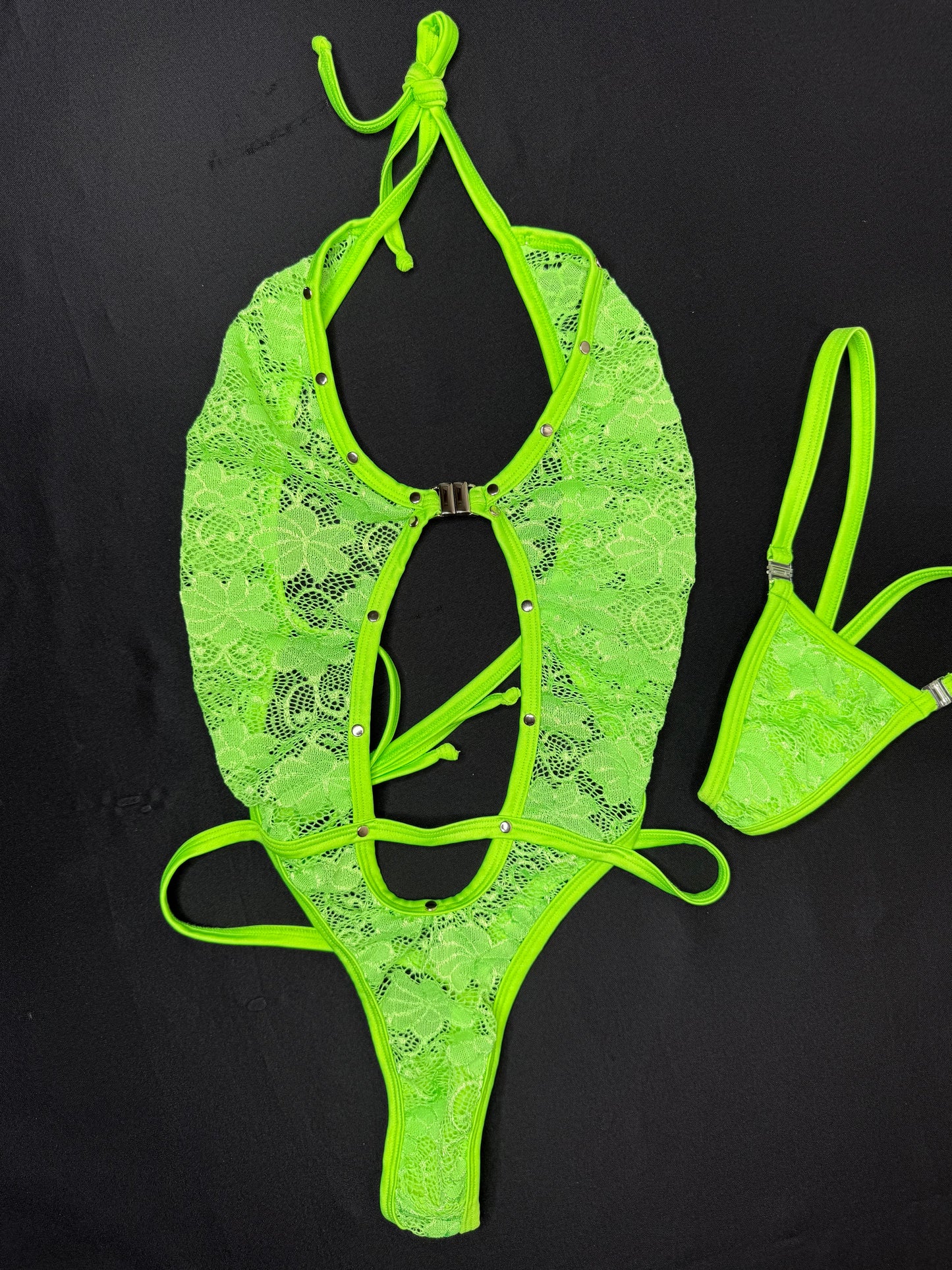 Neon Green Lace One-Piece Lingerie Outfit