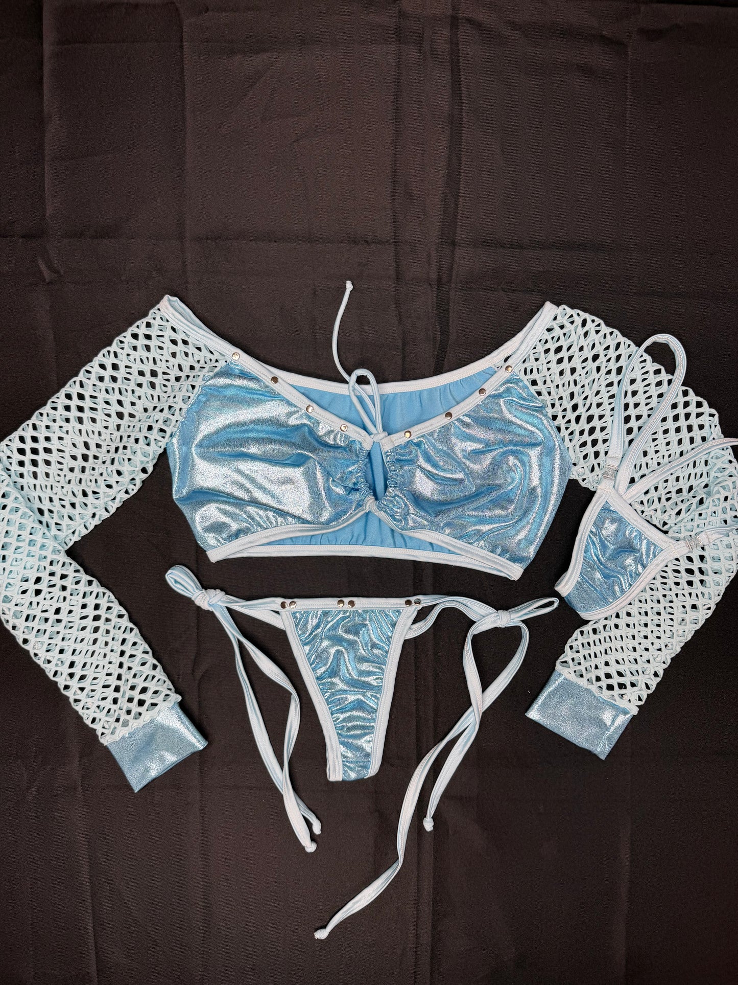 Metallic Baby Blue/Baby Blue Spandex Two-Piece Lingerie Outfit