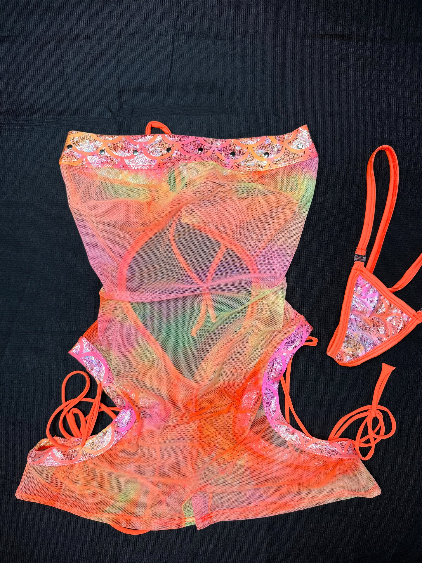 Pink/Yellow/Orange Ombre Mesh/Spandex One-Piece Lingerie Outfit
