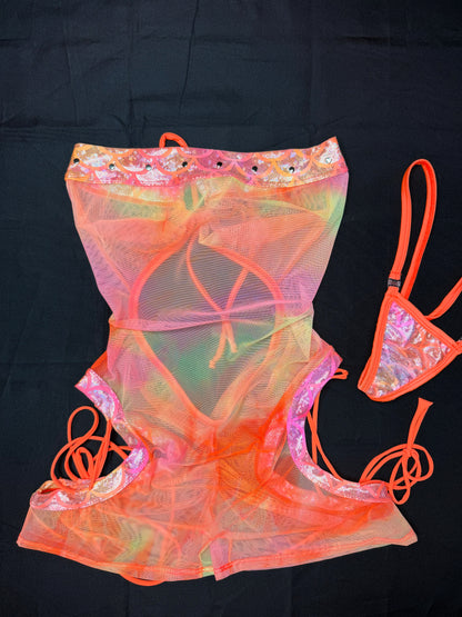 Pink/Yellow/Orange Ombre Mesh/Spandex One-Piece Lingerie Outfit