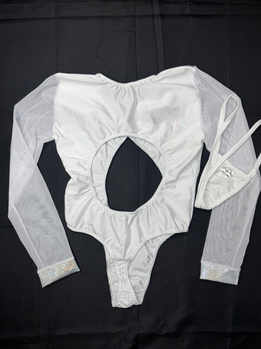 Silver/White Spandex One-Piece Leotard Outfit