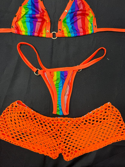 Orange/Rainbow Spandex Three-Piece Bikini/Shorts Lingerie Outfit