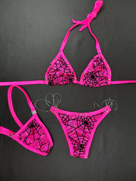 Metallic Pink Spider Web Two-Piece Bikini Lingerie Outfit