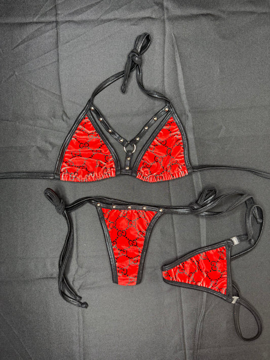 Red VELVET Designer Two-Piece Bikini Lingerie Outfit