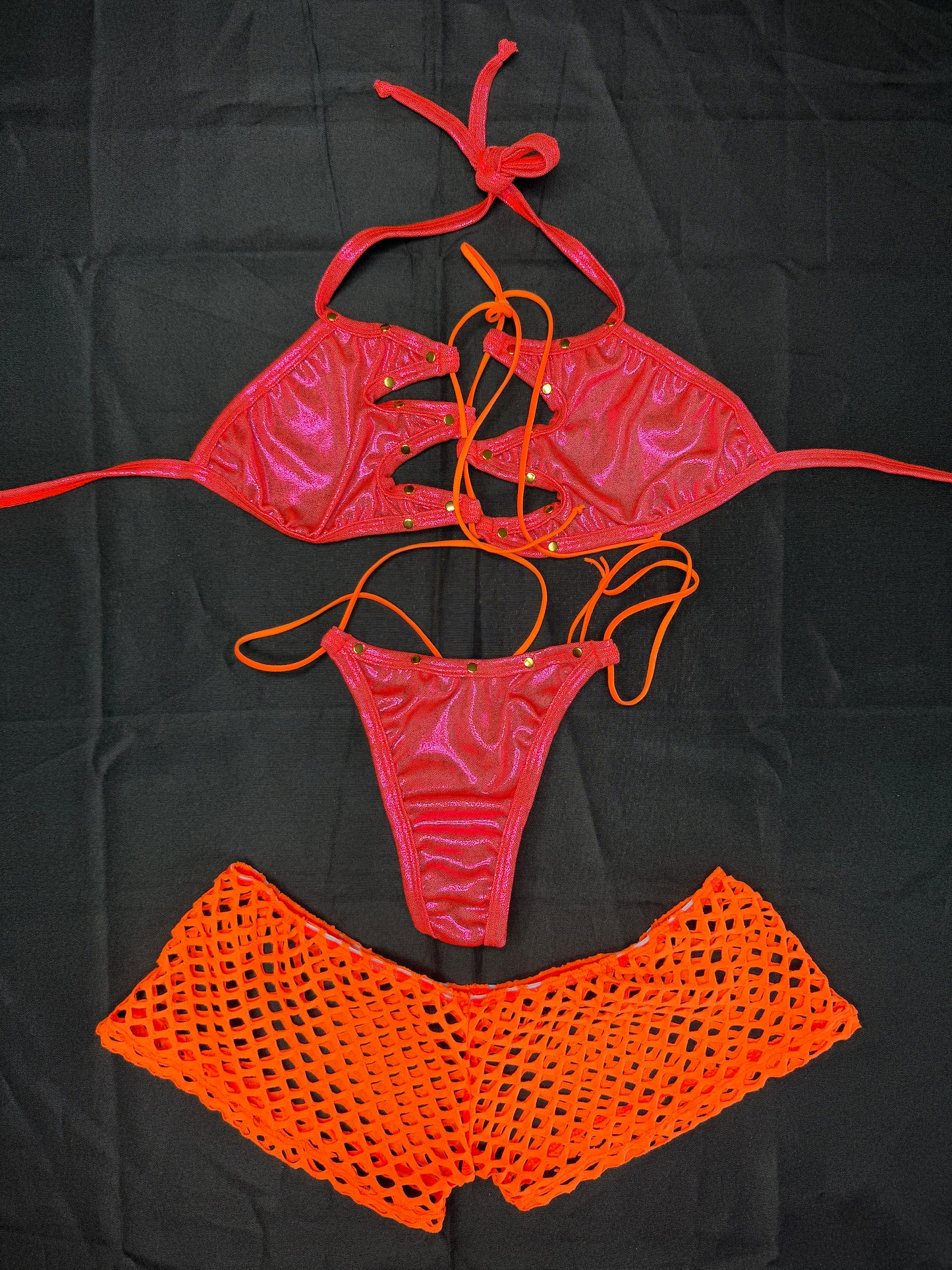 Metallic Hot Pink/Fuchsia/Orange Spandex Three-Piece Lingerie Outfit