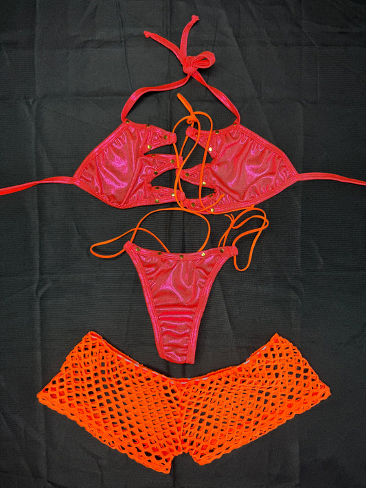 Metallic Hot Pink/Fuchsia/Orange Spandex Three-Piece Lingerie Outfit