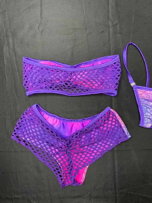 Metallic Purple/Pink Ombré Spandex Tube Top/Shorts Two-Piece Lingerie Outfit