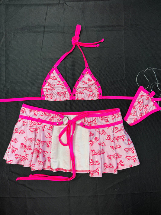 Hot Pink/Pink Spandex Two-Piece Skirt Lingerie Outfit
