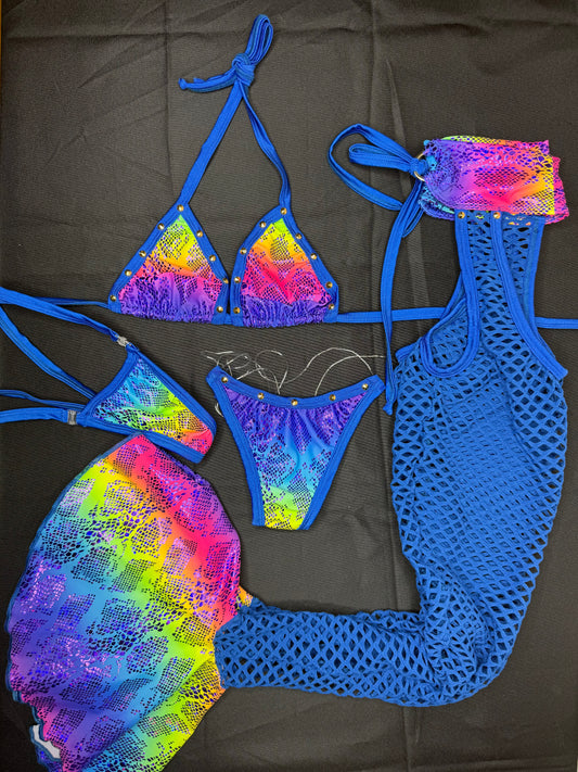 Royal Blue/Rainbow Animal Print Spandex Bikini Top/Chaps Leg Lingerie Outfit