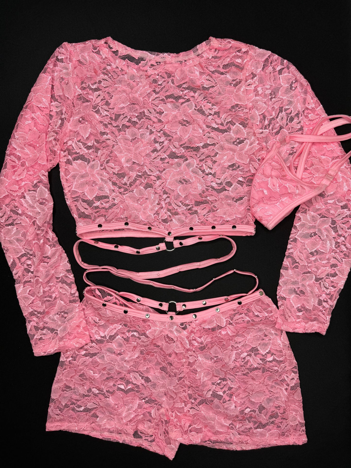 Baby Pink Lace Long Sleeve/Shorts Two-Piece Lingerie Outfit