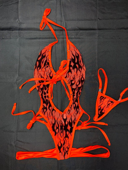 Orange Flame Mesh One-Piece Lingerie Outfit