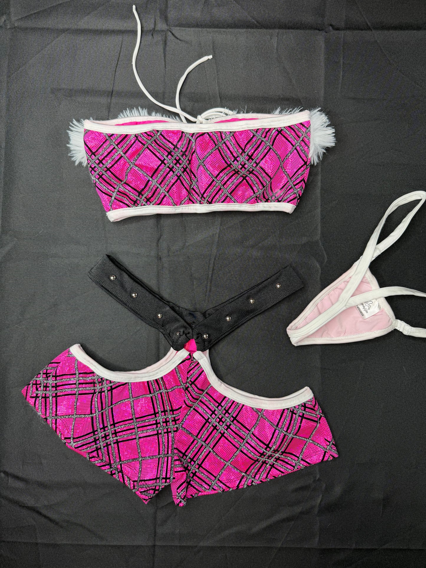 Pink Plaid Spandex/White Fur Two-Piece Tube Top/Shorts Lingerie Outfit