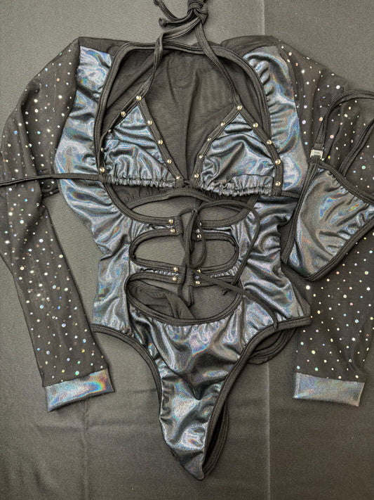 Black Sparkle Mesh/Black Leotard One-Piece Stripper Outfit