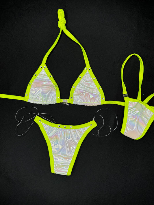 Neon Yellow/Reflective Silicone String Bottoms Two-Piece Bikini Lingerie Outfit