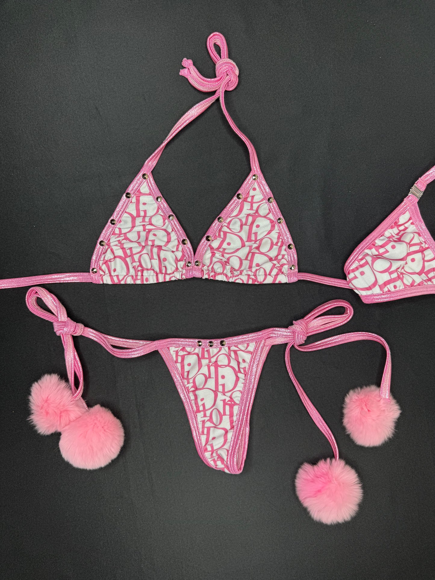 Baby Pink/White Designer Spandex Two-Piece Bikini Lingerie Outfit