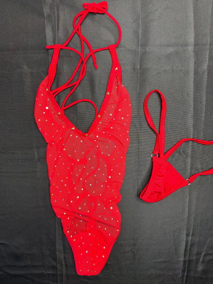 Red Sparkle Mesh/Red Spandex One-Piece Lingerie Outfit