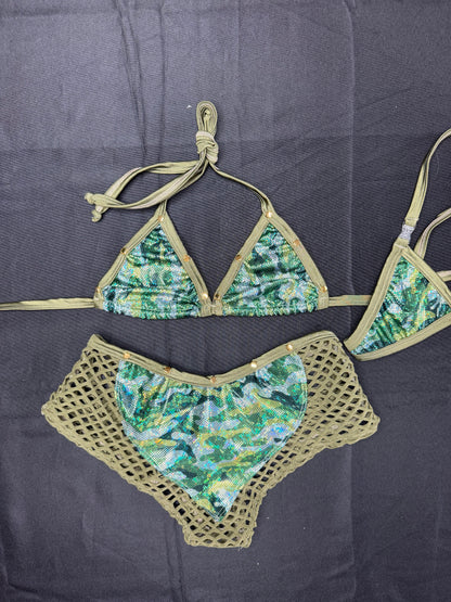 Holographic Camouflage/Green Spandex Two-Piece Bikini Top/Shorts Lingerie Outfit