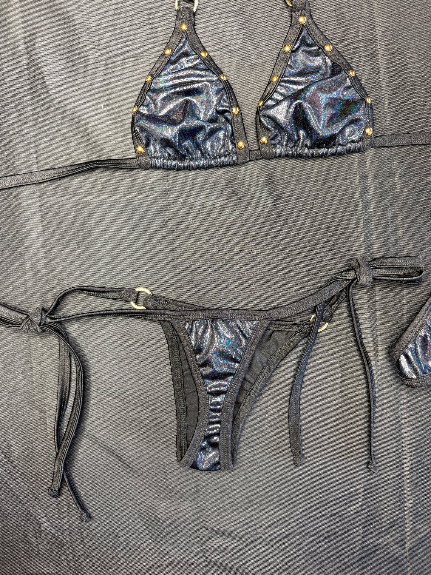 Metallic Black/Black Spandex Two-Piece Bikini Lingerie Outfit