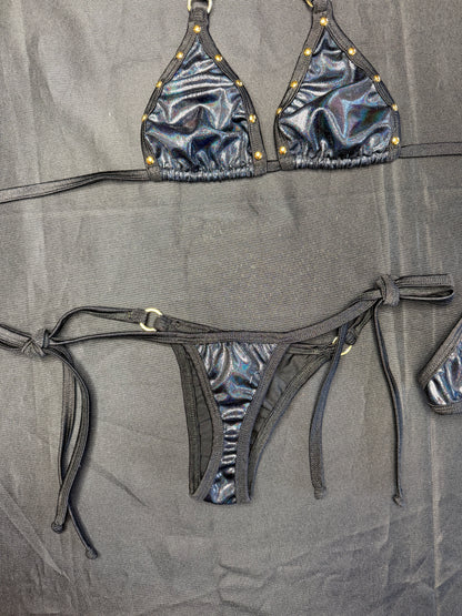 Metallic Black/Black Spandex Two-Piece Bikini Lingerie Outfit