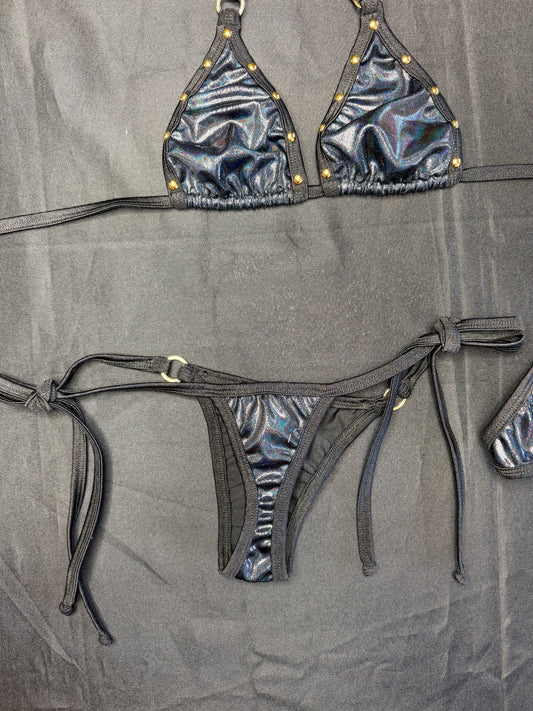 Metallic Black/Black Spandex Two-Piece Bikini Lingerie Outfit