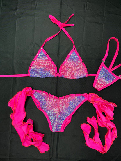 Metallic Hot Pink/Purple Ombre Two-Piece Bikini Lingerie Outfit
