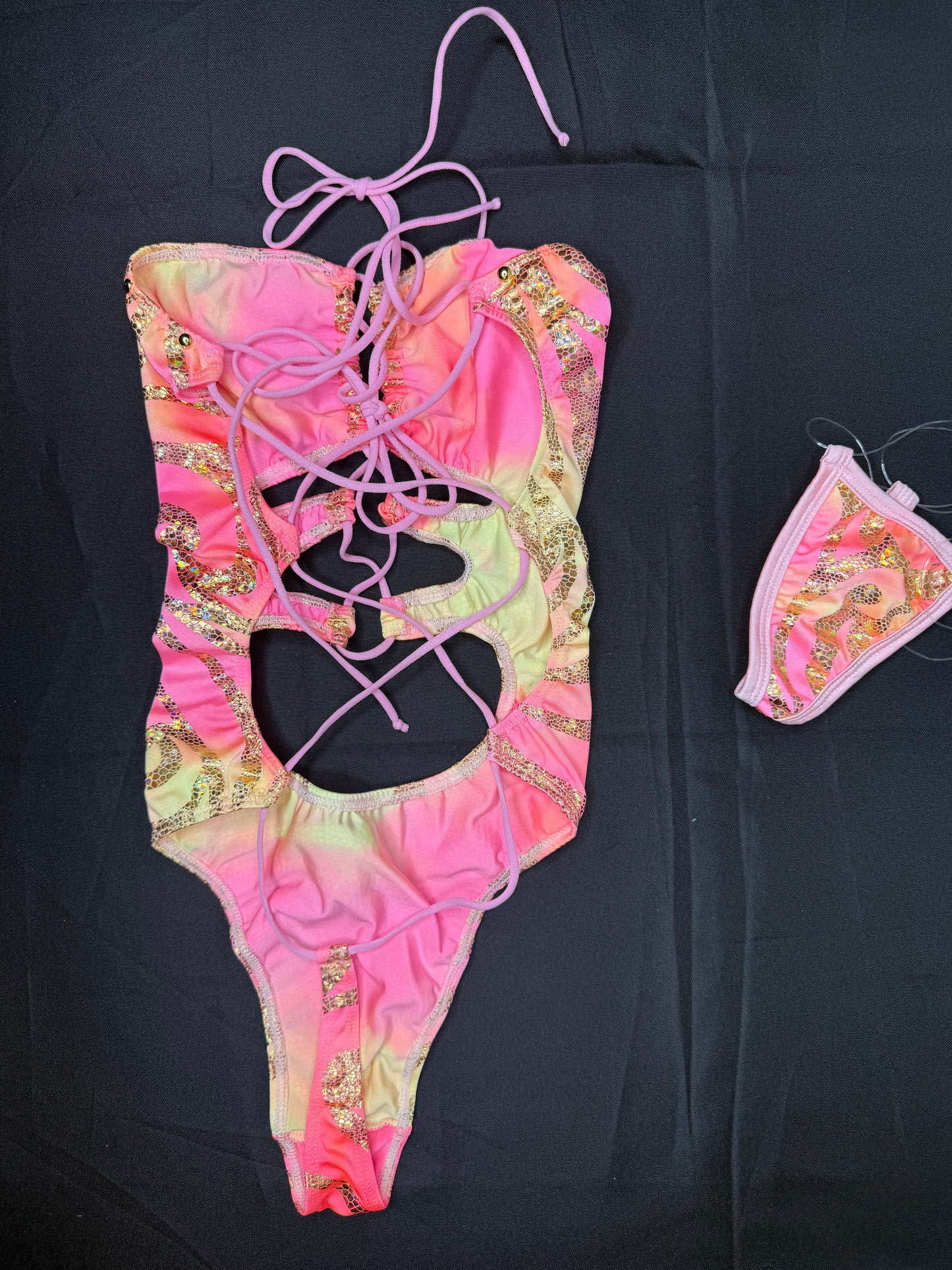 Baby Pink/Yellow Spandex One-Piece Lingerie Outfit