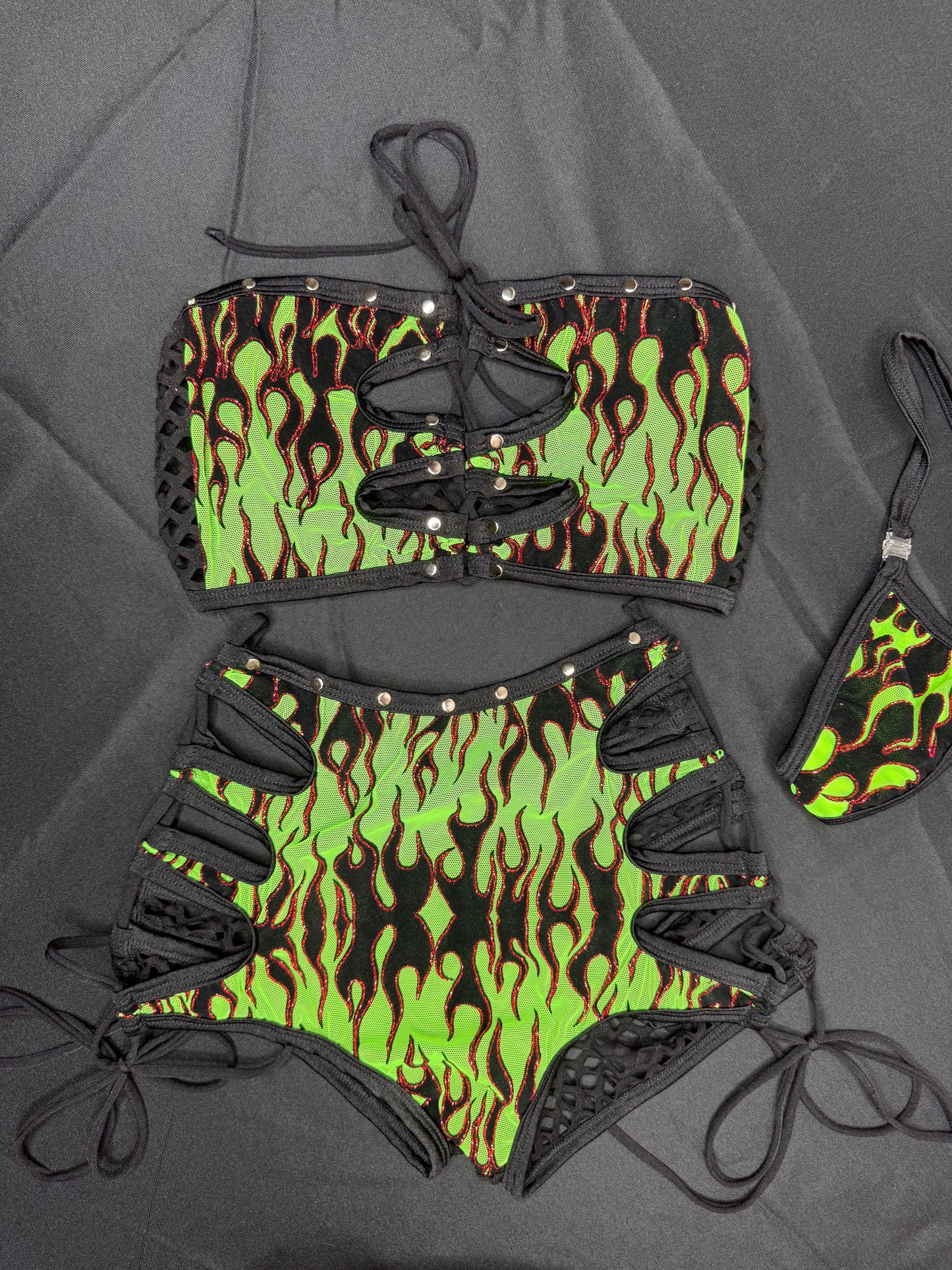 Green Fire Mesh/Black Fishnet Two-Piece Tube Top/Shorts Lingerie Outfit