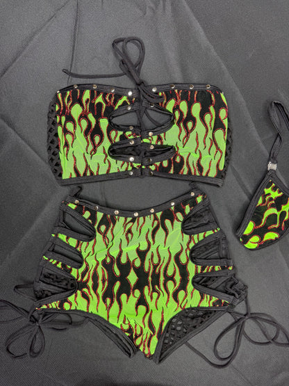 Green Fire Mesh/Black Fishnet Two-Piece Tube Top/Shorts Lingerie Outfit