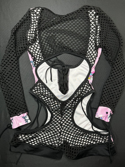Black/Baby Pink Kuromi One-Piece Fishnet Romper Lingerie Outfit