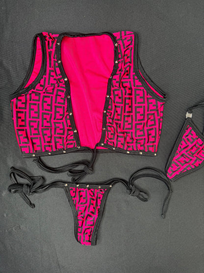 Hot Pink/Black Designer Spandex Two-Piece Sleeveless Top/Side Tie Bikini BottomsLingerie Outfit