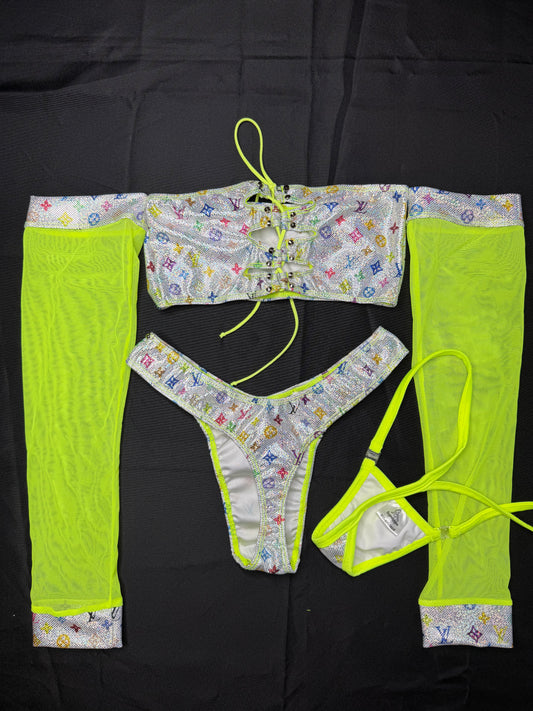 Silver Designer Spandex/Neon Yellow Mesh Long Sleeve Tube-Top/Cheeky Thong Two-Piece Lingerie Outfit