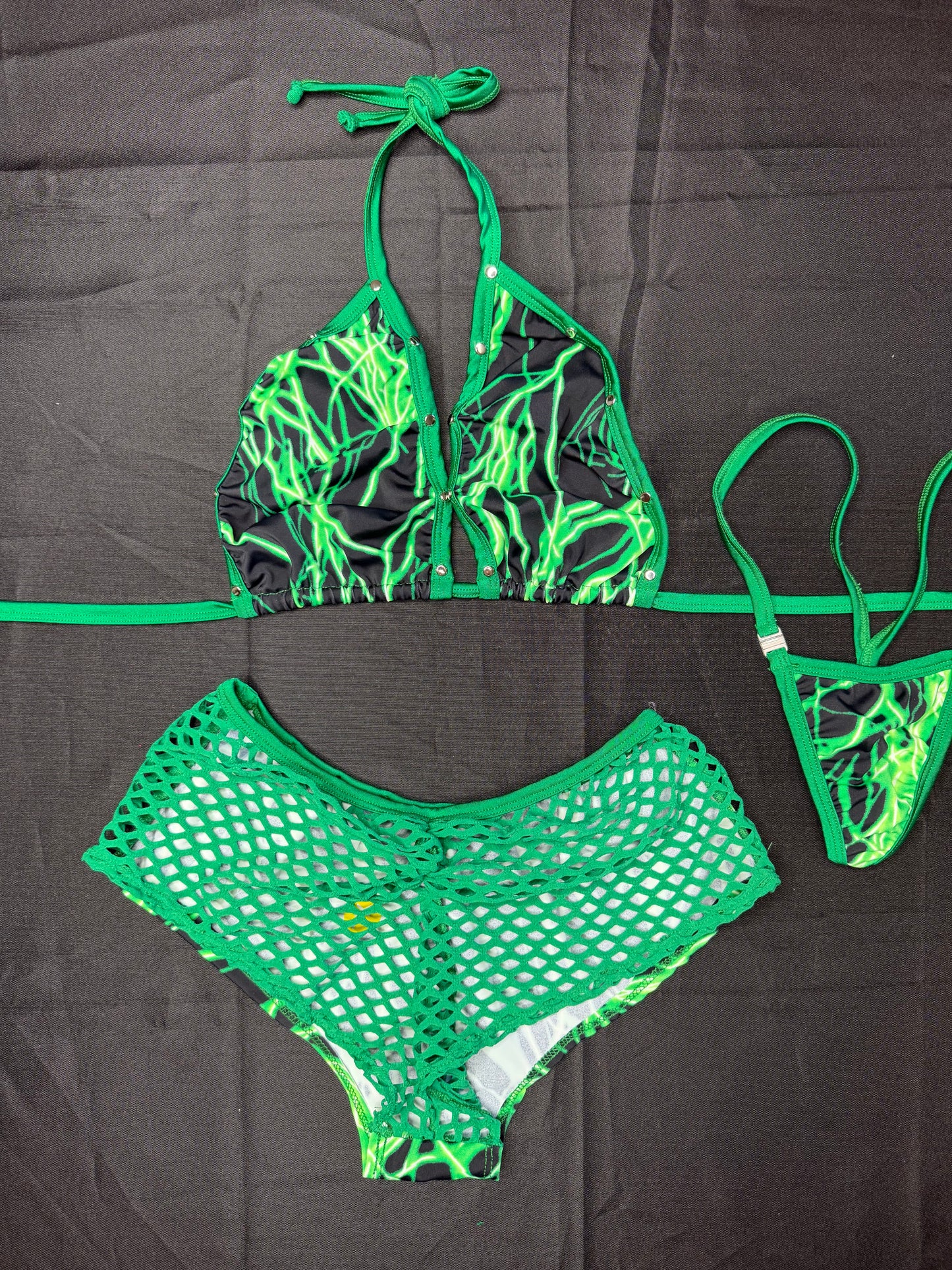 Green Lightning Spandex Two-Piece Shorts Lingerie Outfit