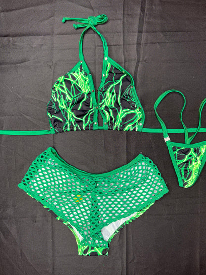 Green Lightning Spandex Two-Piece Shorts Lingerie Outfit