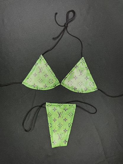 Lime Green Spandex Two-Piece Micro Bikini Lingerie Outfit
