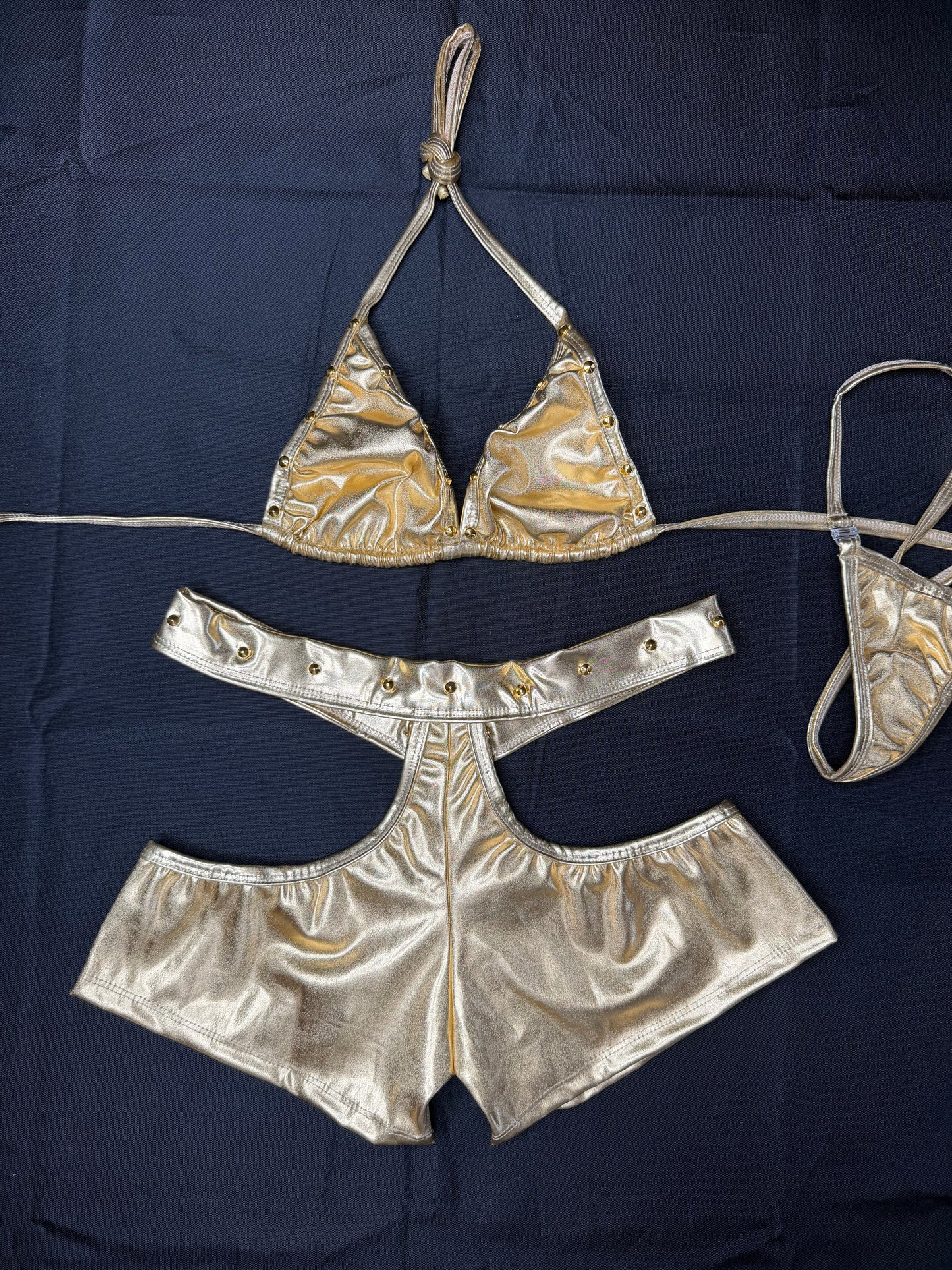 Gold Foil Spandex Two-Piece Bikini Top/Shorts Lingerie Outfit