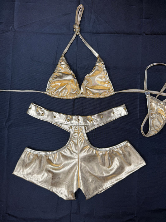 Gold Foil Spandex Two-Piece Bikini Top/Shorts Lingerie Outfit