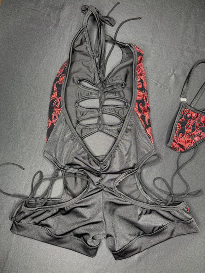 Red Flame/Black Nylon/Spandex One-Piece Romper Lingerie Outfit