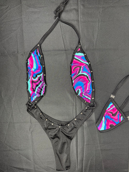 Purple/Black Spandex Sling-Shot One-Piece Lingerie Outfit