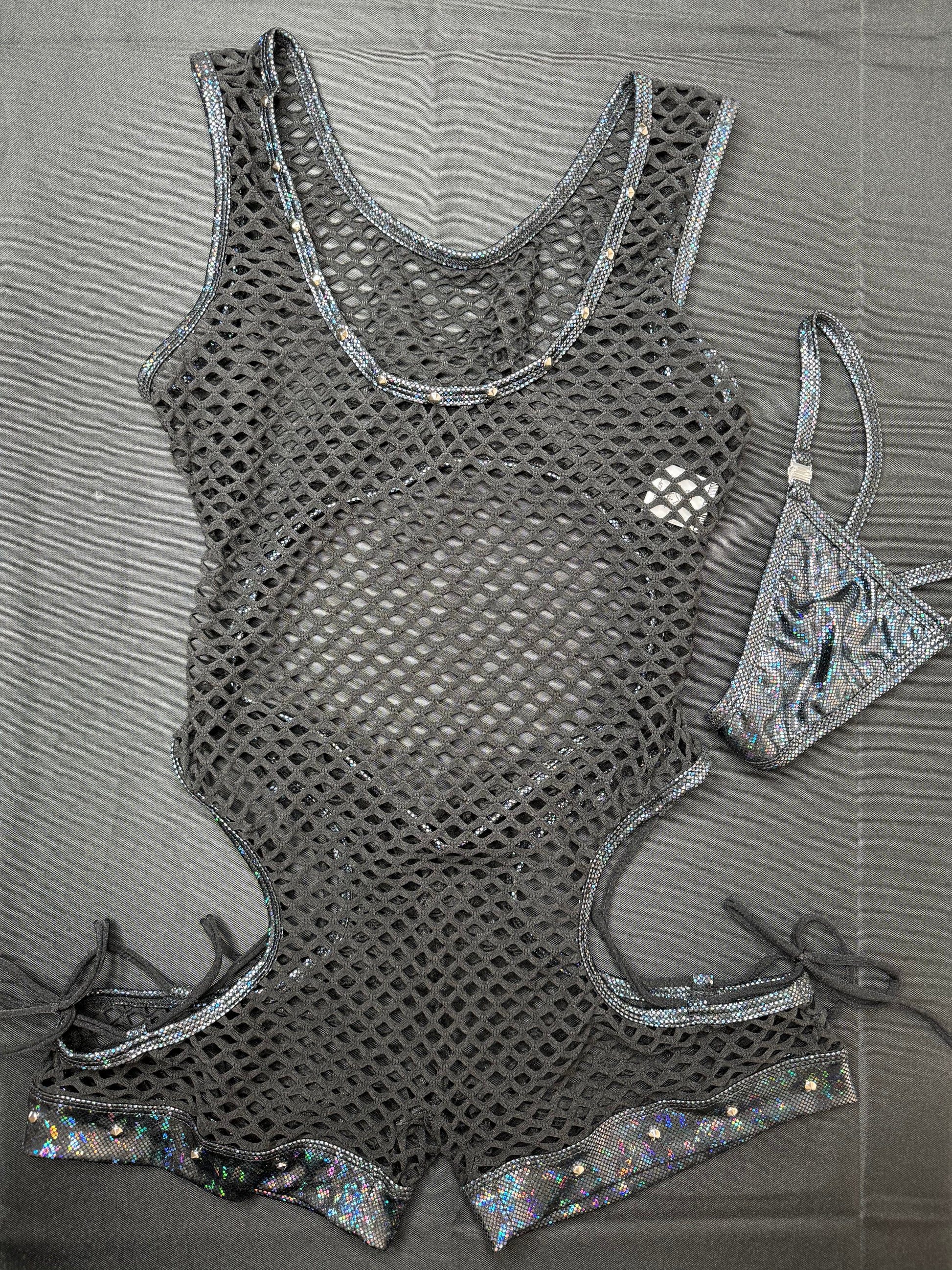 Metallic Black/Black Fishnet Shoulder Strap One-Piece Romper Lingerie ...