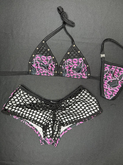 Purple/Black Spandex Bunny Two-Piece Shorts Lingerie Outfit