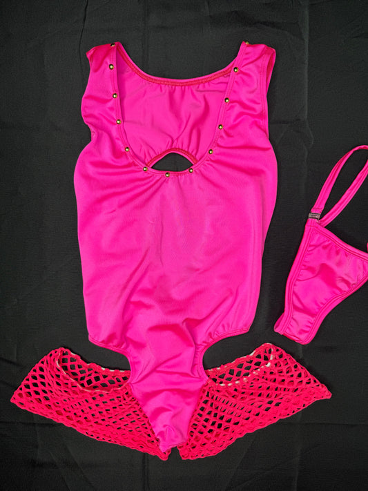 Hot Pink Spandex/Fishnet One-Piece Romper Lingerie Outfit