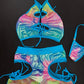 Metallic Rainbow Spandex/Turquoise Fishnet Two-Piece Lingerie Outfit