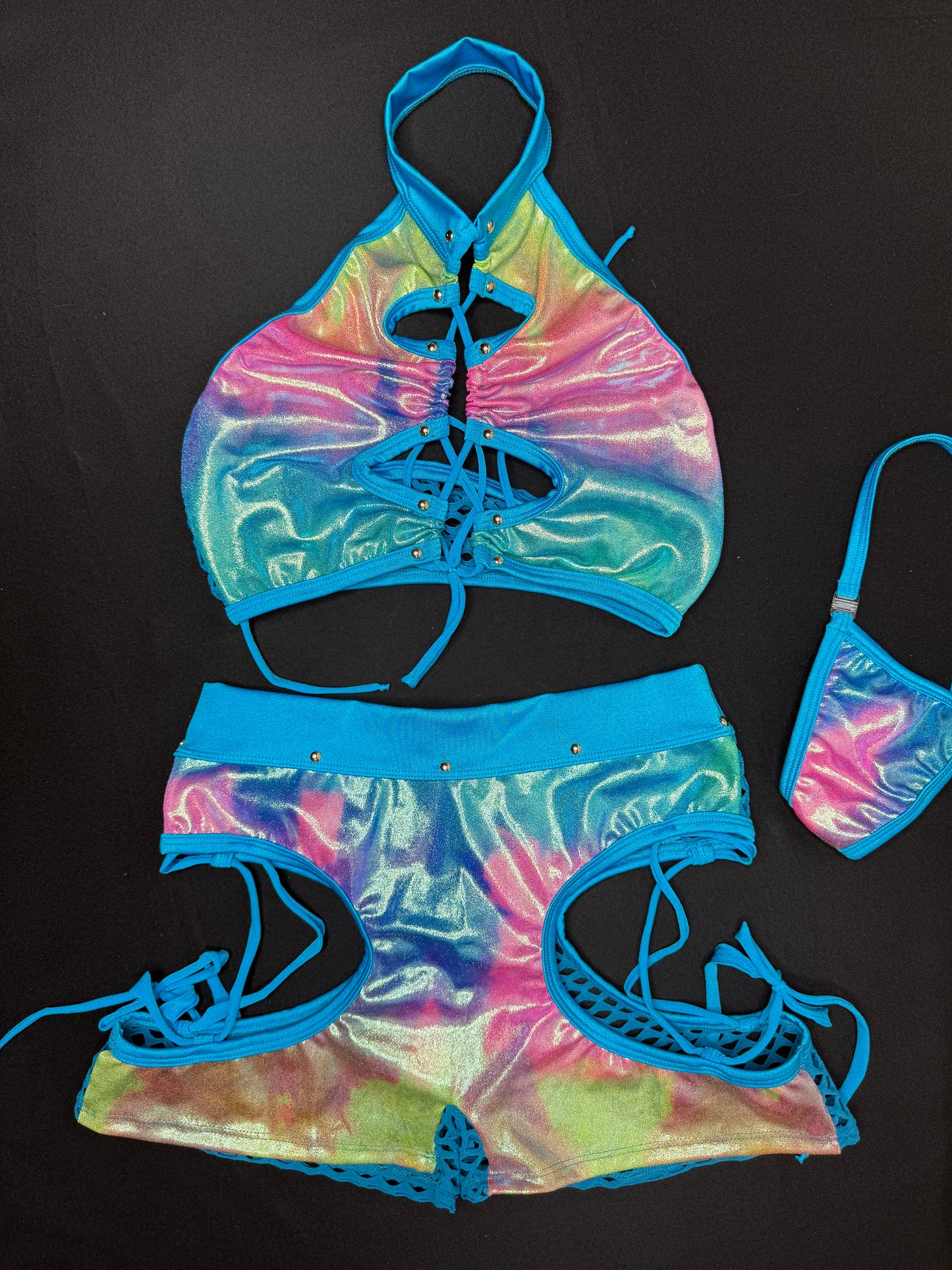 Metallic Rainbow Spandex/Turquoise Fishnet Two-Piece Lingerie Outfit