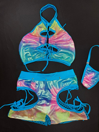Metallic Rainbow Spandex/Turquoise Fishnet Two-Piece Lingerie Outfit