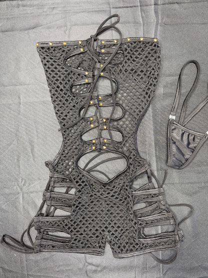Black Fishnet Spandex One-Piece Lingerie Outfit