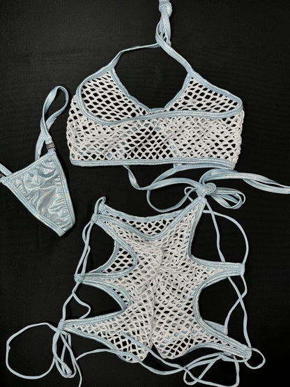 White Fishnet/Baby Blue Sports Bra/Shorts Two-Piece Lingerie Outfit
