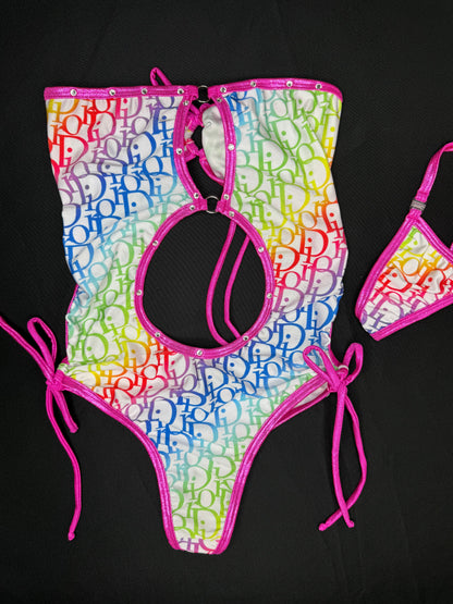 Rainbow/Hot Pink Spandex One-Piece Lingerie Outfit