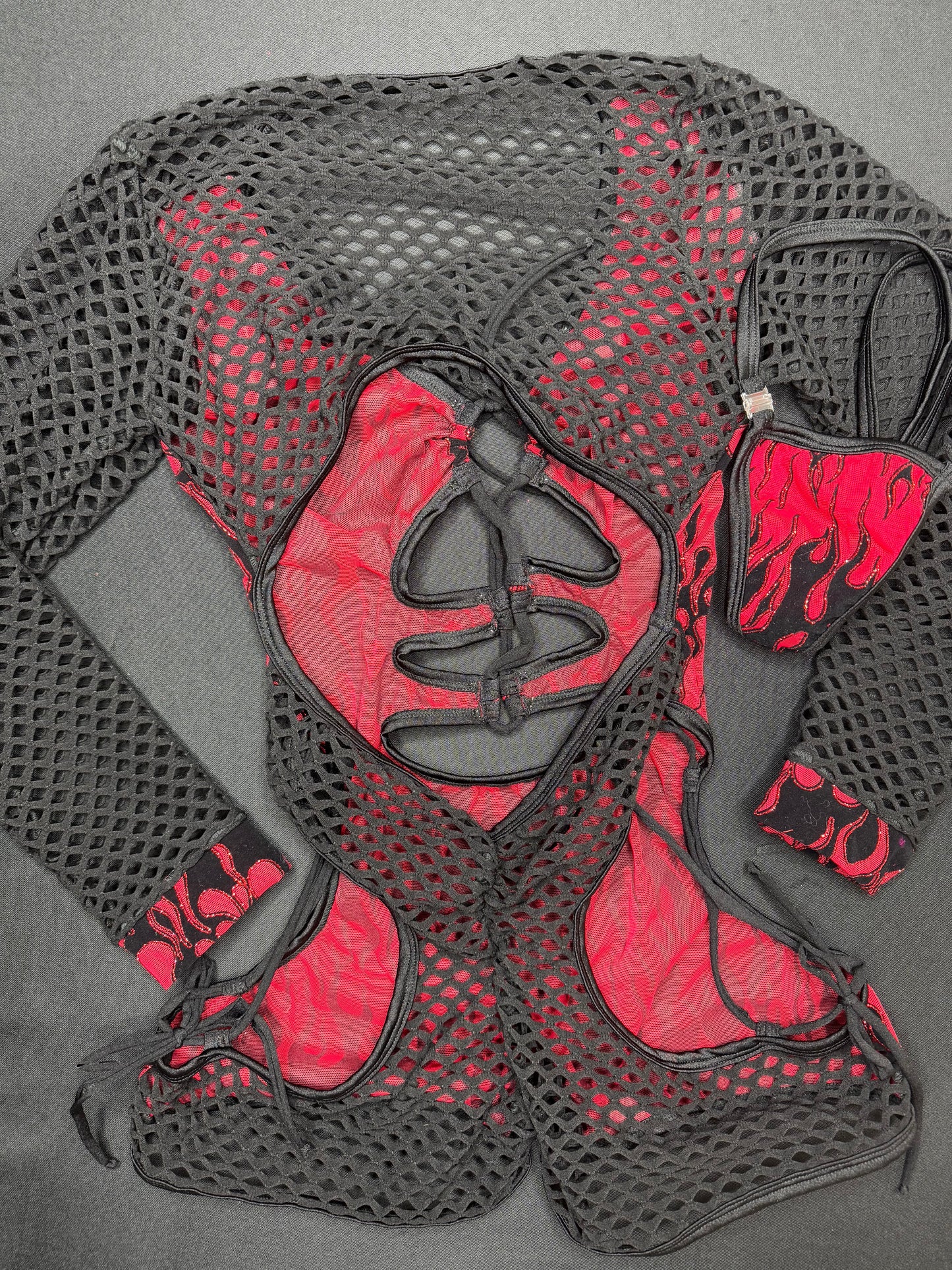 Red Glitter Mesh Flame Black Fishnet One-Piece Romper Lingerie Outfit